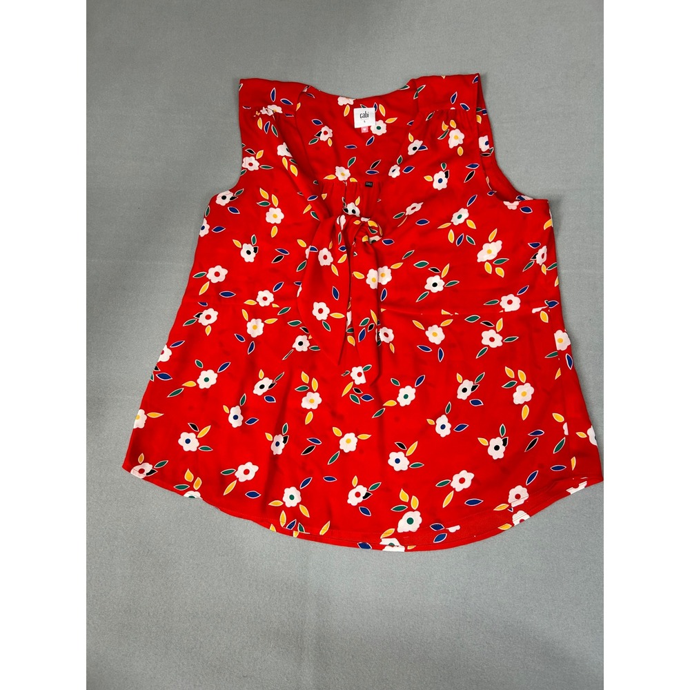 Cabi 5734 The Catch Top Red Large Floral Tie Neck Sleeveless Blouse Summer